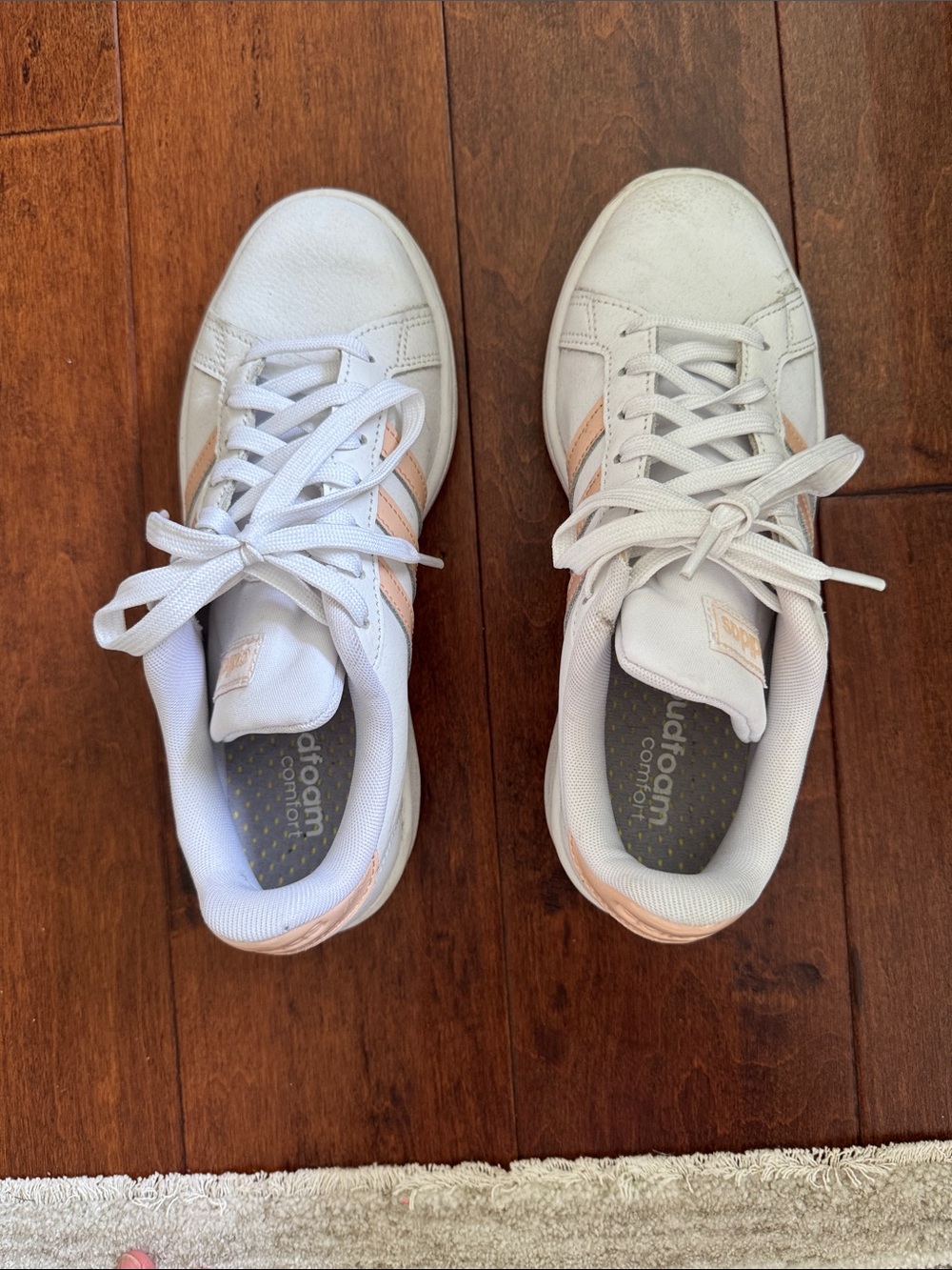 Adidas Athleisure White Sneakers with Pale Pink Peach Stripes - Picture 2 of 4